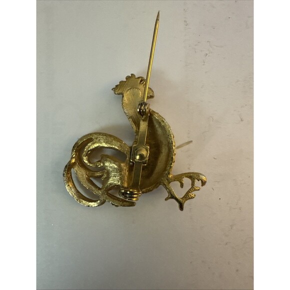 Beautiful Vintage Goldtone Red Rhinestone ROOSTER Chicken Brooch Pin Pin - Picture 6 of 6
